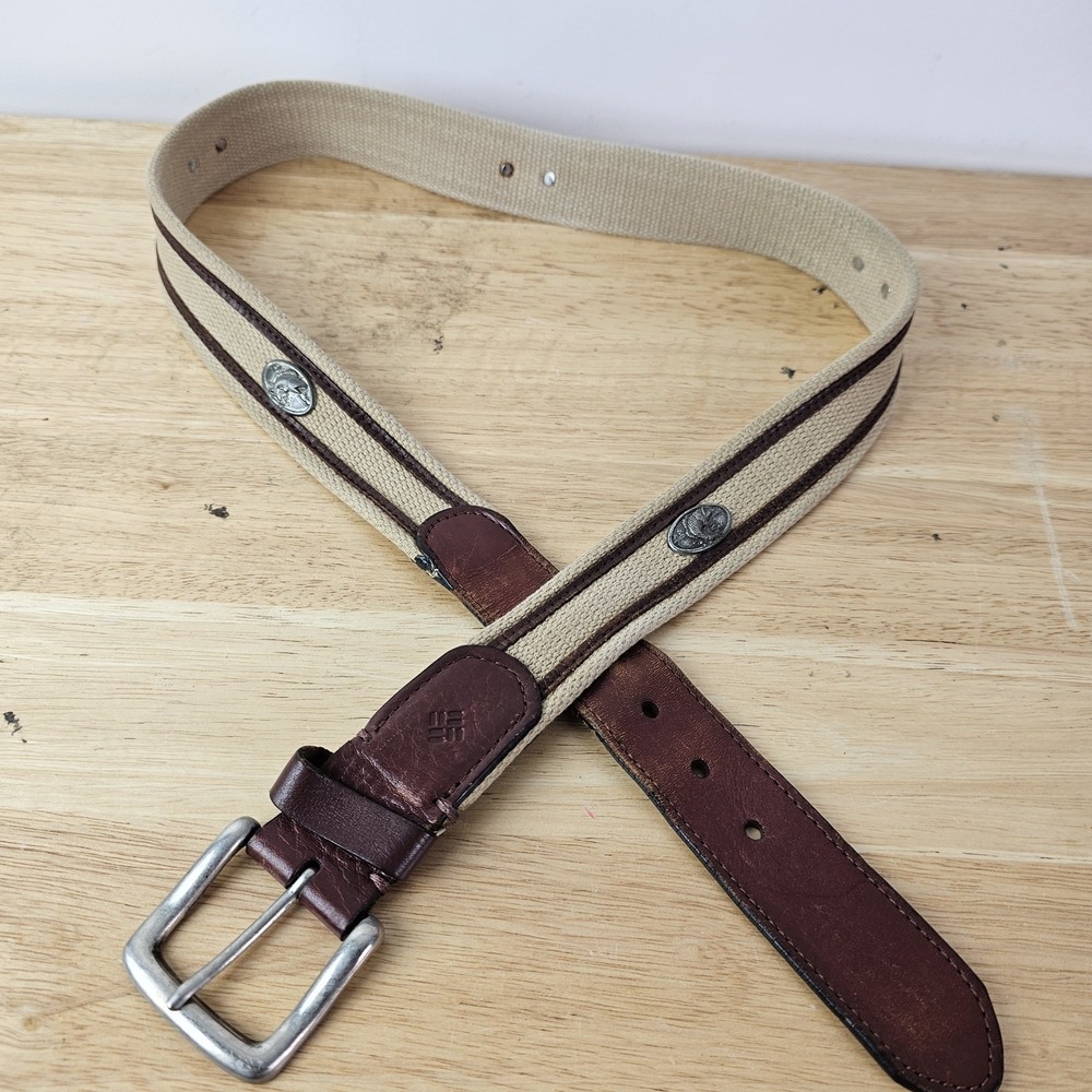 Columbia Men's Brown Beige Leather Belt with Silver Fish‎ Embellishments size 38